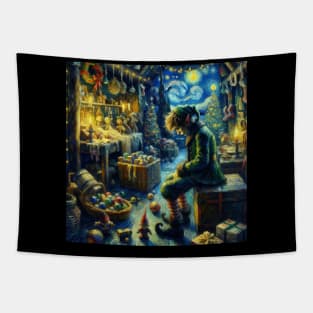 Solitary Elf: Starry Night Gift Preparation - Van Gogh-Inspired Art Series Tapestry