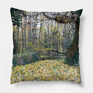 Autumn forest with tree brenches and fallen leaves Pillow