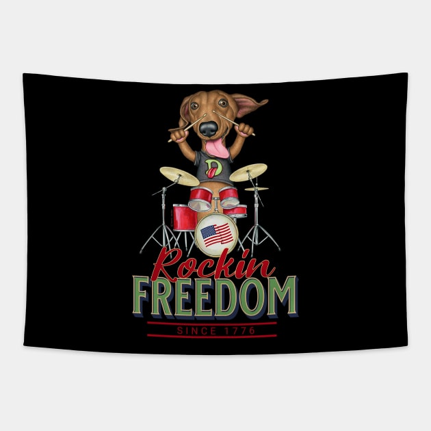 Funny cute Doxie rocking drums music Dachshund  mom dad gift Tapestry by Danny Gordon Art