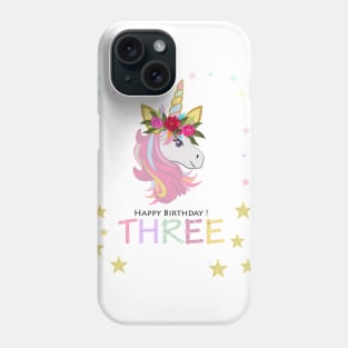 Third birthday greeting. Three. Magical Unicorn Birthday invitation. Party invitation greeting Phone Case