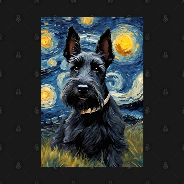 Adorable Scottish Terrier Dog Breed Painting in a Van Gogh Starry Night Art Style by Art-Jiyuu