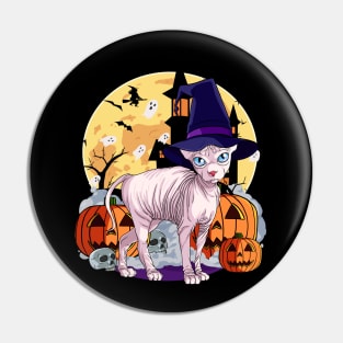 Sphynx Cat Funny Halloween Witch Pumpkin Pin