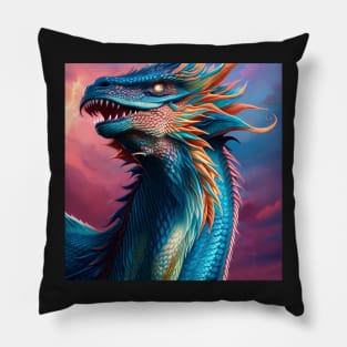 Intricate Rainbow Blue Scaled Dragon at Sunset Pillow