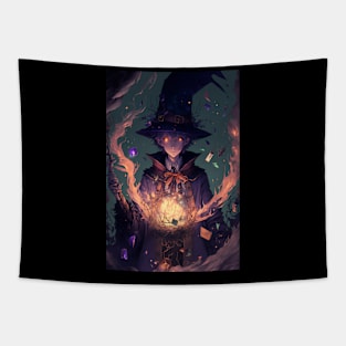 Anime Men Wizard Casting Fire in Magic Ball Tapestry