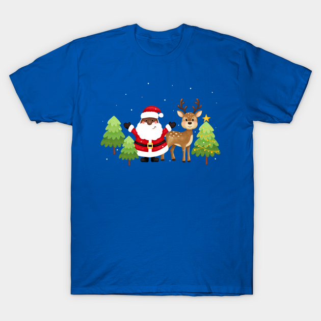 Merry christmas and happy new year greeting card. Black santa, deer, trees, stars, snow. African American Santa. - Black Santa Claus African America - T-Shirt