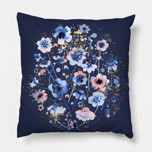 Ink Soft Blue Flowers Pillow by ninoladesign