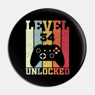 Level 34 Unlocked Funny Video Gamer 34th Birthday Gift Pin