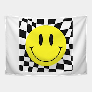 Checkered 70s 80s 90s Yellow Smile Face Cute Smiling Happy Tapestry