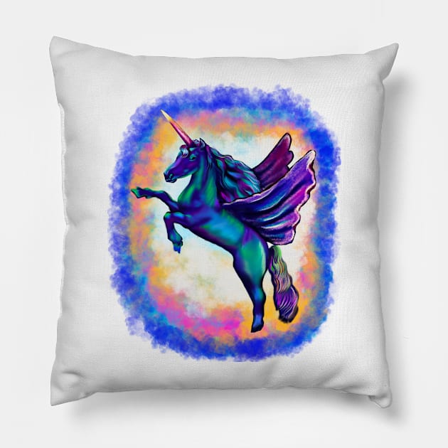 Unicorn - sparkly, glittery, magical, winged unicorn with rainbow background Pillow by Artonmytee