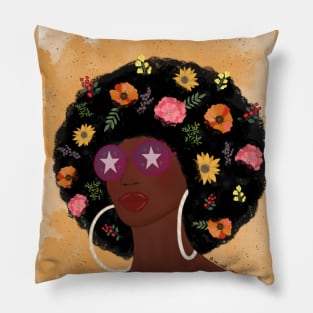 Girl with floral afro hair Pillow