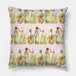 Olive Oil Glass Bottles Watercolor Pillow