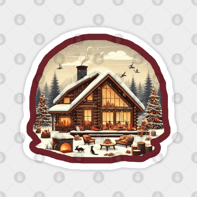 a warm and inviting cabin surrounded by a snowy landscape. and there's elements like a crackling fireplace, decorated Christmas tree, and a family or group of friends enjoying the holiday season inside. Magnet by maricetak