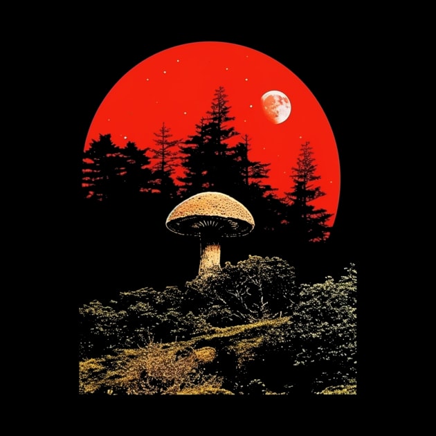 Dark Full Moon Mushroom Retro Vintage Art by Soulphur Media