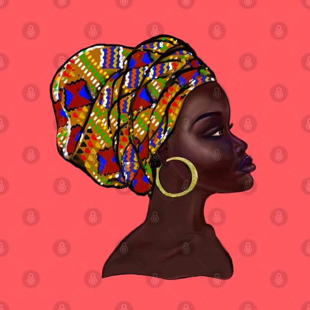 Afro queen With Kinte headwrap- Mahagony brown skin girl with thick glorious, curly Afro Hair and gold hoop earrings by Artonmytee