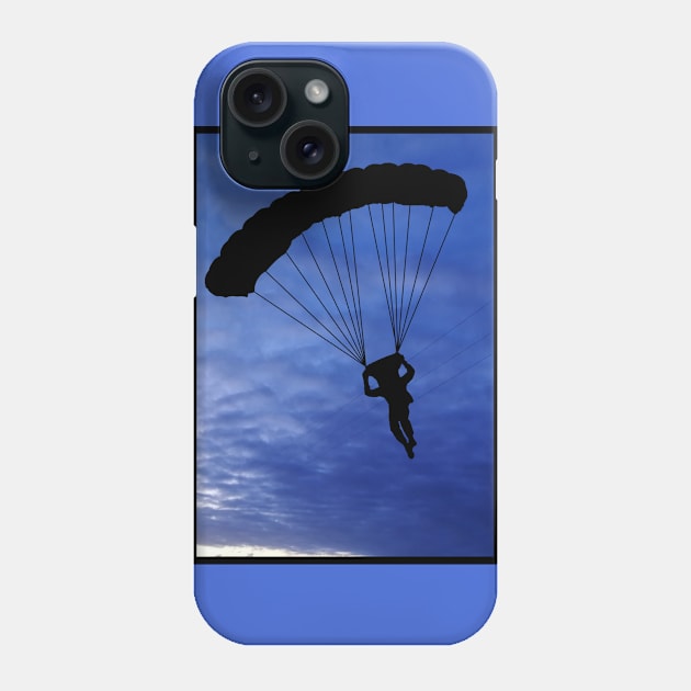 Parachuter Silhouette in Beautiful Blue Sky with a Black Border Phone Case by Blue Butterfly Designs 