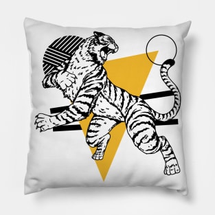 Retro Black & Gold Tiger on the Attack // Vintage Geometric Shapes Background Pillow