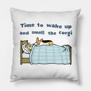 Cute Corgi Cartoon | Wake Up and Smell the Corgi Pillow