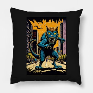 Giant Angry Blue Cat attacking a city Pillow