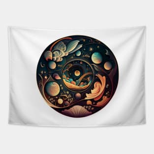 Cosmic Space Circle Illustrated Planets And Clouds Tapestry