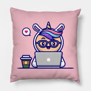 Cute Man Wearing Unicorn Costume Working On Laptop With Coffee Cartoon Pillow