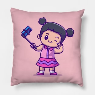 Cute Girl Taking Selfie With Phone Cartoon Pillow