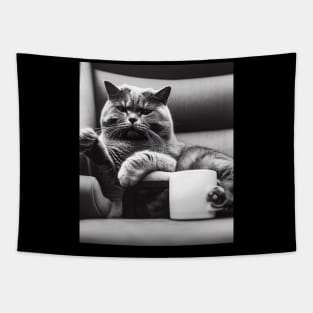 Cat enjoys coffee on the couch Tapestry