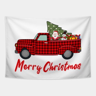 Merry Christmas Funny Buffalo Plaid Truck Tapestry