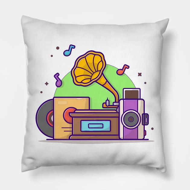 Old Music Player with Gramophone , Camera, and Vinyl Music Cartoon Vector Icon Illustration Pillow by Catalyst Labs