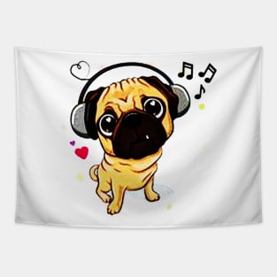 Sweet Pug Dog With Music Headphones Tapestry