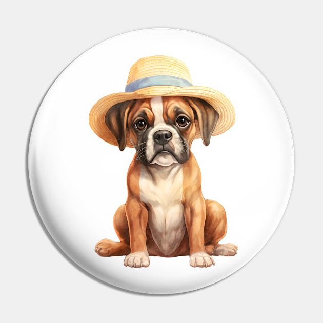 Watercolor Boxer Dog in Straw Hat Pin by Chromatic Fusion Studio