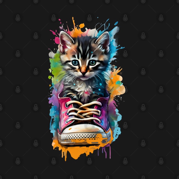 Cute Kitten In A Sneaker Watercolor Color Splash Design by TF Brands