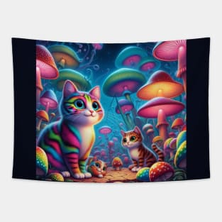 Psychodelic colorful cats with mashrooms Tapestry