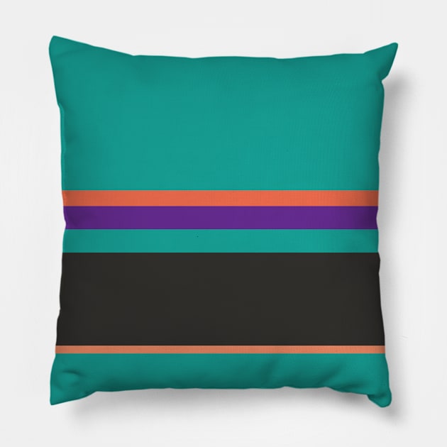 An astonishing union of Light Red Ochre, Big Foot Feet, Christmas Purple, Blue/Green and Dark Grey stripes. Pillow by Sociable Stripes