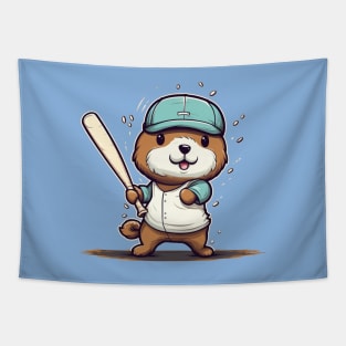 Cute Sea Otter playing baseball Tapestry