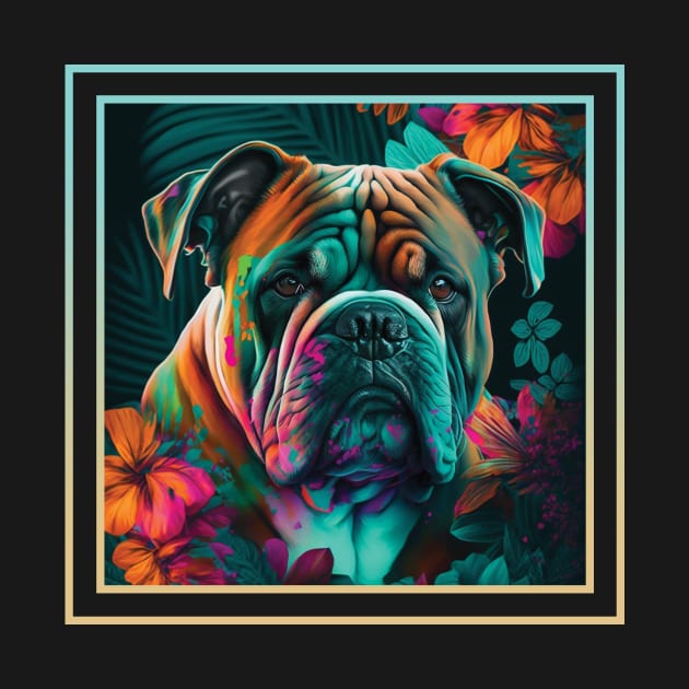 Bodacious Bulldog Vibrant Tropical Digital Oil Painting Pet Portrait by ArtHouseFlunky