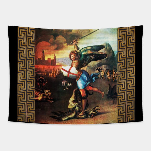 St Michael Archangel and Dragon by Raffaello Sanzio Tapestry by BulganLumini