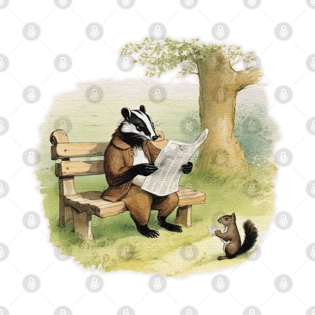 badger sitting on a bench reading a newspaper by JnS Merch Store