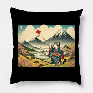 Vintage Japanese Art Kite Flying Mountain Mt. Fuji Cute Cat Pillow