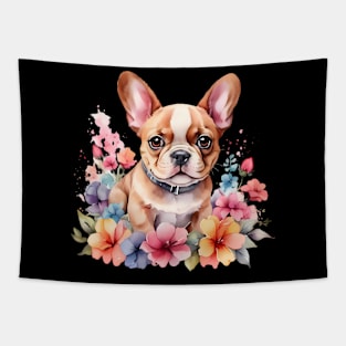 A baby french bulldog  decorated with beautiful watercolor flowers Tapestry