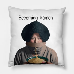 Becoming Ramen No. 2 -- Asian woman eating a bowl of ramen noodles wearing a stylish avant-garde hat Pillow