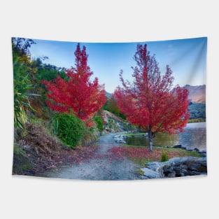 Reflective Beauty: Autumn Trees by the Lake Tapestry