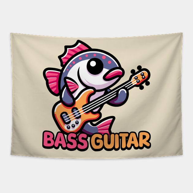 Bass Guitar! Cute Fish Guitar Pun Cartoon Tapestry by Cute And Punny