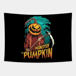 monster pumpkin killer, spooky halloween tshirt design artwork Tapestry