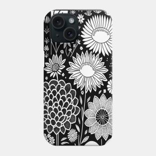 Black and White Floral Lino Print Phone Case