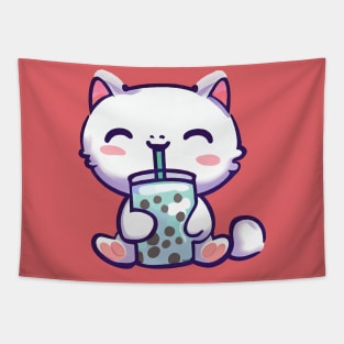 a cute cat holding and drinking boba tea Tapestry