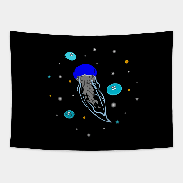 Blue Jelly Fish in dark ocean artwork, lights of jelly fish Tapestry by WorldOfMine