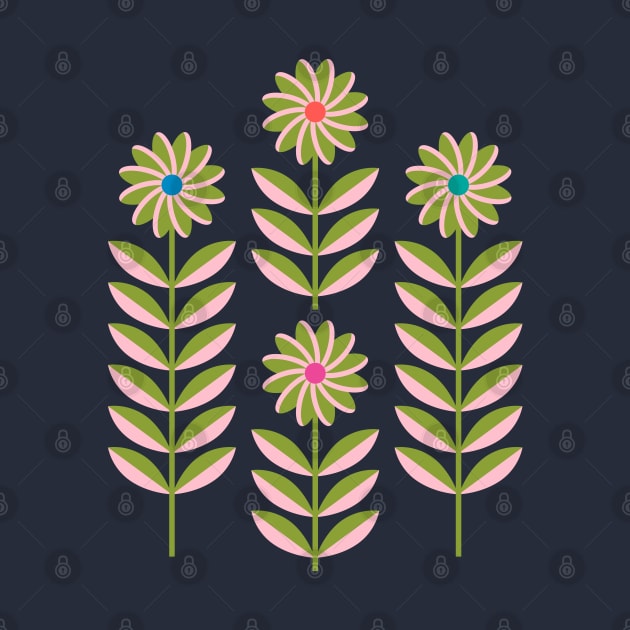 LOVE ME LOVE ME NOT Folk Art Mid-Century Modern Scandi Floral in Pink and Green on Dark Blue - UnBlink Studio by Jackie Tahara by UnBlink Studio by Jackie Tahara