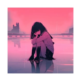 Sad anime girl in the rain T-Shirt