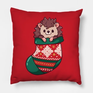 Cute Cartoon Christmas Hedgehog in a Stocking Pillow