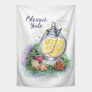 Blessed Yule: Watercolor winter solstice greeting Tapestry